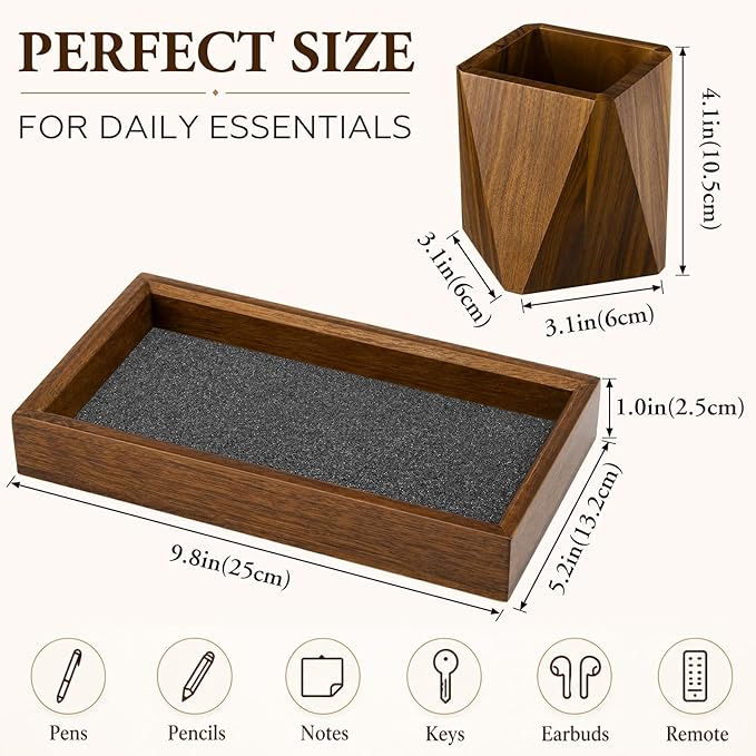 Marspark Walnut Desk Tray with Pen Holder Set, Non-Slip Desk Tray and Pencil Holder Set with Felt Lined, Natural Wooden Desktop Drawer Organizer Office, Organizer Trays for Keys, Pen, Watch