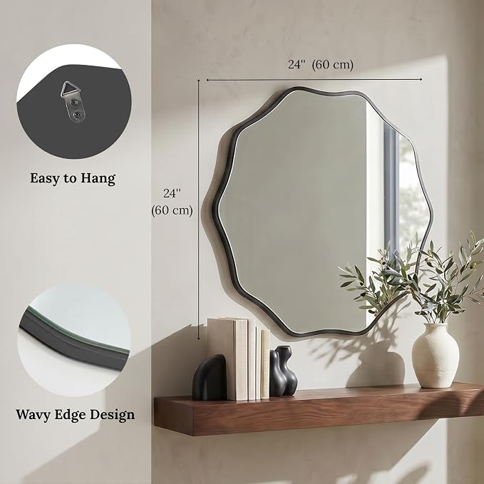 PERFNIQUE Black Scalloped Mirror, 24'' Round Wall Mirrors Wavy Wood Framed for Bathroom Nursery Bedroom Living Room Entryway, Decorative Modern Wall Decor