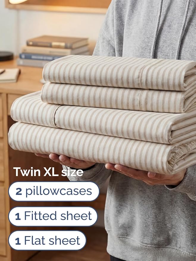 Extra Deep Twin XL Sheet Set - 4 Piece College Dorm Bed Sheets Set with Extra Deep Pockets - Ultra-Soft, Comfy & Breathable Bedding for Women, Men, Kids & Teens - Wrinkle & Fade Free - Beige Stripes 2