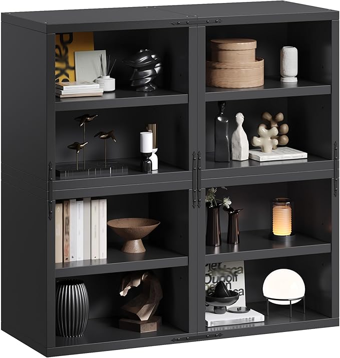 Homkdom 4 Cube Storage Organizer with 2 Removable Open Shelves, DIY Bookcase with Anti-Tip Design, Stackable Cube Shelf for Bedroom, Office, Dorm, Black