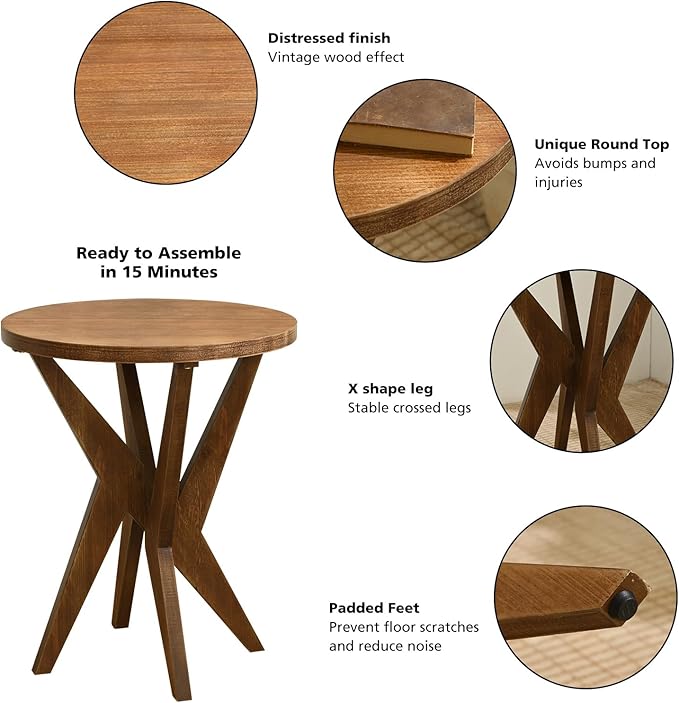 Farmhouse Round End Table with MDF Top and Crossed Legs, Boho Side Table Mid Century Modern Small Accent Table for Small Space Stable Nightstand for Living Room, Natural Wood