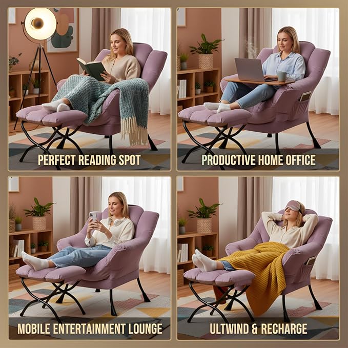 Tiita Lazy Chair with Ottoman, Purple Modern Large Accent Armchair, Comfy Leisure Sofa Reading Chair with Footrest for Bedroom, Living Room, Dorm Rooms, Garden, Velvet Light Purple