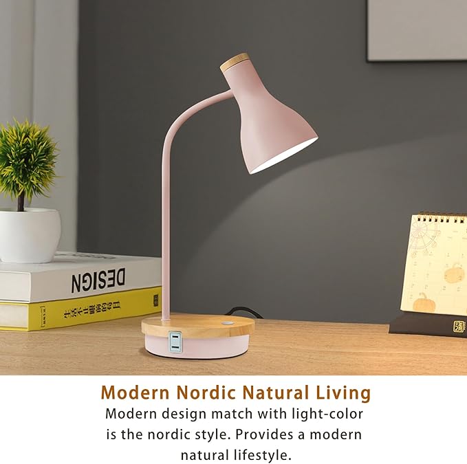 LALISU Metal Desk Lamp Wireless Charging Table Lamp Touch Reading Lights Arc Desk Lamps for Bedroom, 3 Way Dimmable Bedside Lamp with USB Charging Ports Lamp for Study Room and Office (Touch-Pink)