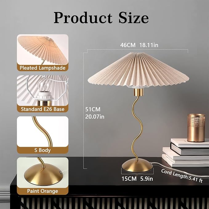 Ziqqeelam Gold Pleated Small Table Lamp, Brass Modern Bedside Table Lamp for Bedroom, Mini Pleated Lamp Shape, MCM Table Lamp Bedroom Bow Lamps for Nightstand