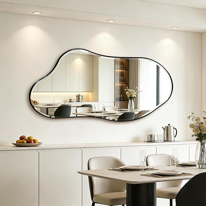 POZINO Large Irregular Beveled Mirror, 63"x31.5" Organic Full Length Mirror with Black Metal Frame, Asymmetrical Wall Mirrors for Entryway Hallway Cloakroom Living Room, Horizontal/Vertical Hanging
