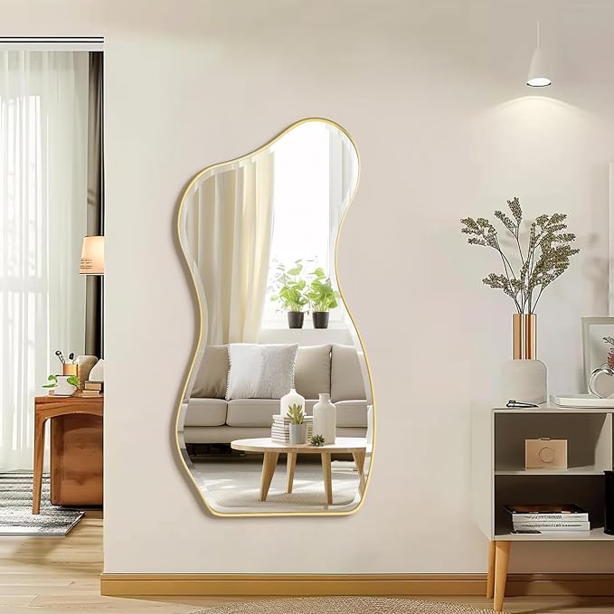 POZINO Irregular Beveled Mirror, 53"x25" Large Asymmetrical Aesthetic Wall Mirror with Gold Metal Frame, Organic Shape Floor Mirrors for Entryway Living Room Bedroom Hallway, Leaning/Wall-Mount