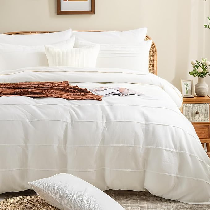 NEXHOME PRO 100% Organic Cotton Duvet Cover Oversized King Size, Linen Like Pleated Textured White Duvet Cover Set, 3pc Bedding Set with Zipper Closure, Soft,120"x98", No Comforter