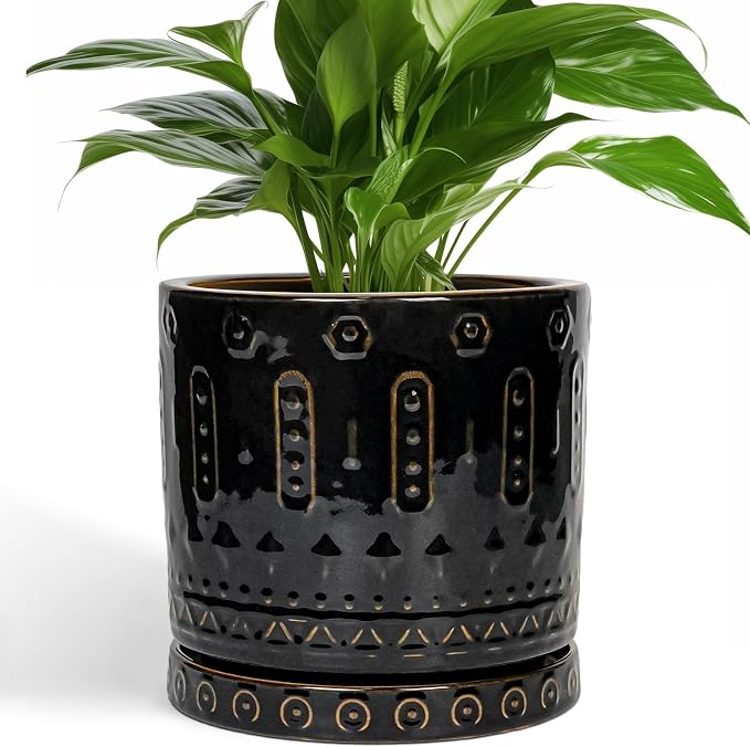 Eightpot 8 Inch Pots for Plants, Ceramic Plant Pot for Indoor Outdoor, Round Planter with Drainage Hole and Tray, Modern Flower Pot, Decorative Plant Pots, Room Decor, House Warming Gifts, Black