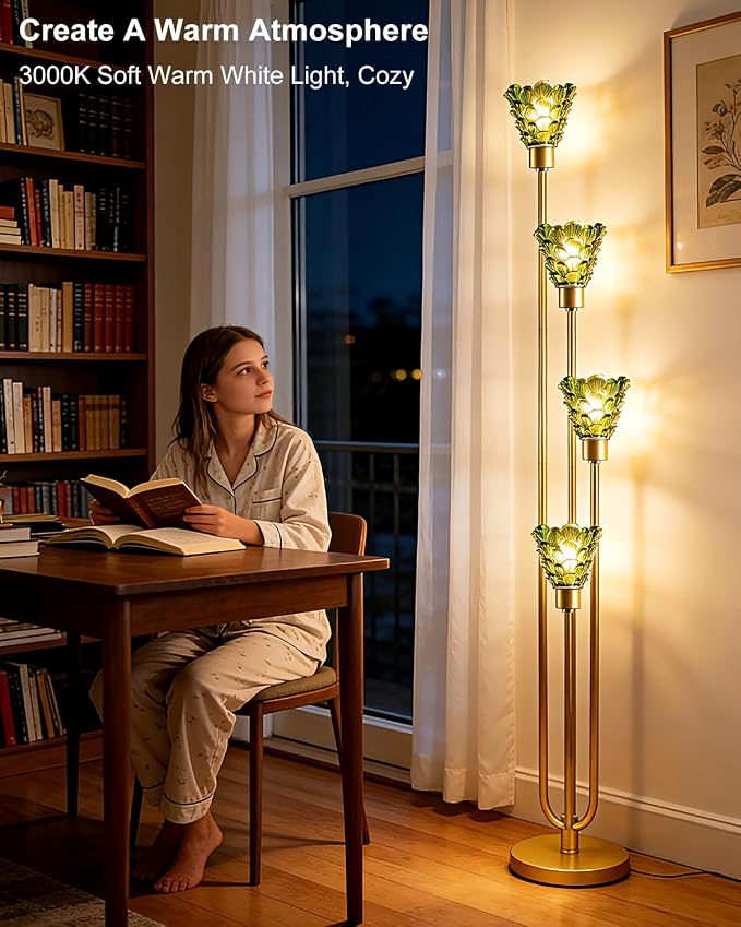 Lightdot Glass Floor Lamp Dimmable 4-Lights Gold with Green Glass Shade 3000K Bulbs Included Mid Century Modern Standing Tall Lamp with 5Lbs Heavy Base for Living Room/Bedroom/Sofa Beside/Corner Decor