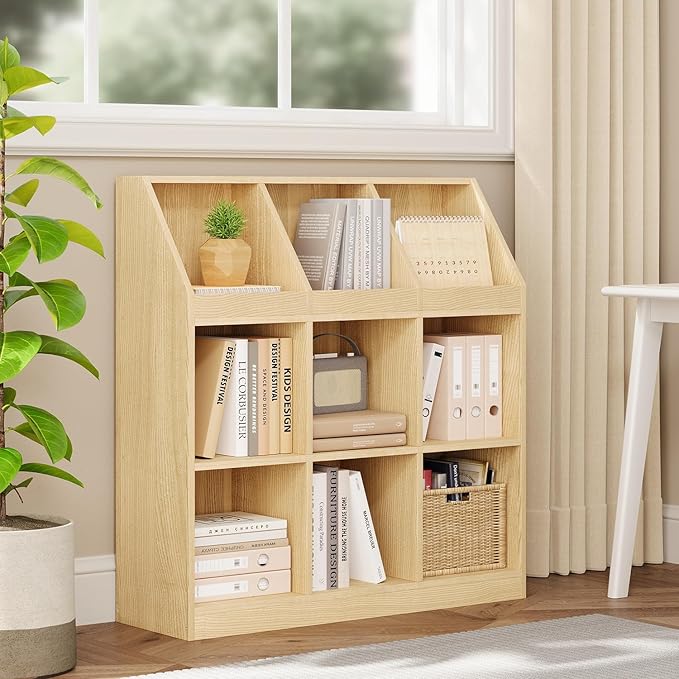 9-Cube Wooden Storage Bookcase - 11-Inch Open Shelf Cabinet, Simple Modern Bookshelf Organizer for Home Office, Living Room, Oak