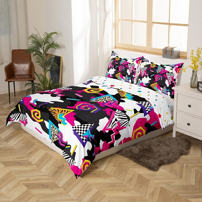 Military Theme Comforter Cover Irregular Camouflage Bedding Set for Teens Mens Boys Retro 80s 90s Memphis Duvet Cover Circular Triangle Geometric Quilt Cover Urban Art Bedroom Decor King Size