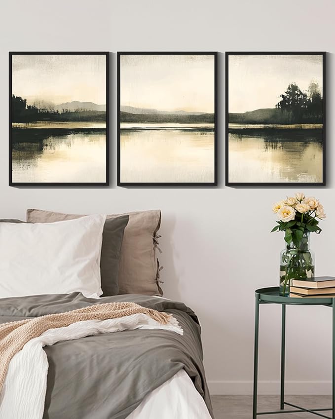 KUVIOKE Watercolor Abstract Mountain Lake Framed Wall Art Brown Landscape Nature Wilderness Painting Nordic Neutral Tan Illustration Decorative Home Decor 12x16in (Black Framed)