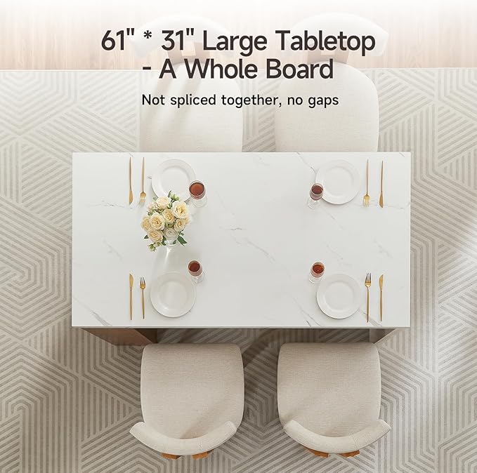 ONBRILL Dining Table for 4 with LED Lights & Power Outlet (61"* 31" Whole Board of Tabletop), Modern Imitation Marble Kitchen Dinner Table with Storage Space for Dining Room (White)