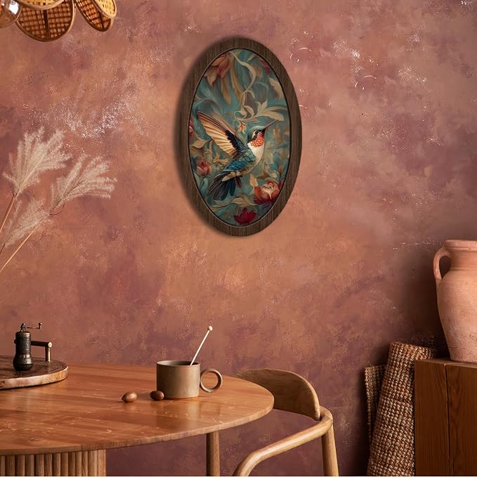 UYIKG Vintage Hummingbird Wall Art Decor,Floral Bird Hummingbird Oval Wall Decor,Rustic Cottagecore Animal Botanical Oval Wooden Framed Decorations for Home Theme Room Bedroom Living Room 9x14.6 in