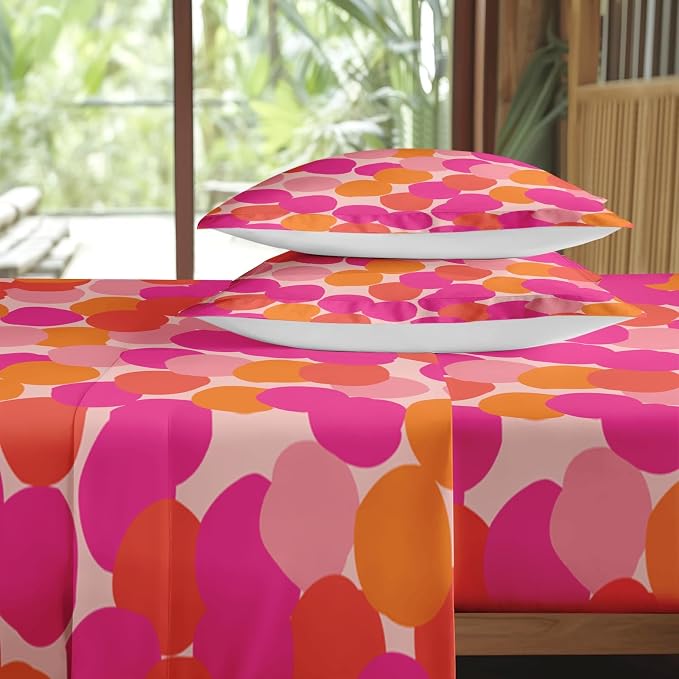 Pamnest Full Size Bed Sheet Sets, Pink Orange Colorful Soft Microfiber 4 Pcs Bedding Sets for Kids and Adults Bedroom Bed Decor, Geometric Abstract Dots Flat, Fitted Sheet and 2 Pillowcases