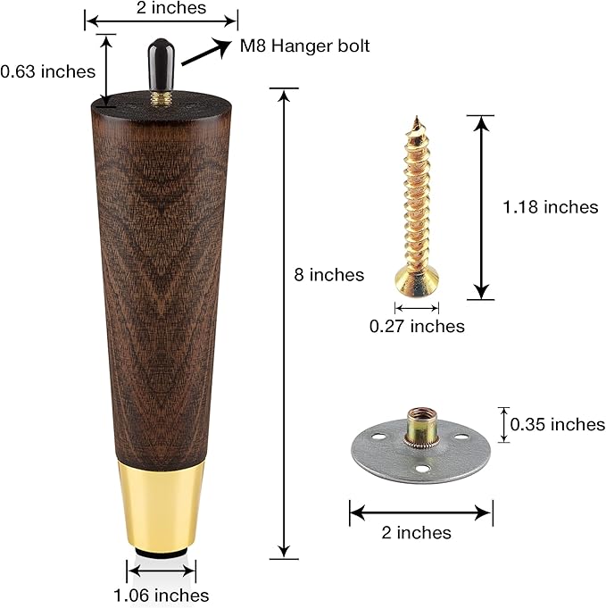 Wood Furniture Legs 8 inch - Sofa Legs Set of 4 Replacement Couch Legs - Round Furniture Feet Replacement for Legs for Furniture - Sofa Legs, Chair, Dresser, Ottoman, Coffee Table, Cabinet, Etc. Brown