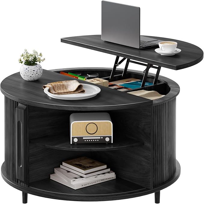 Round Lift Top Coffee Table, 31.5” Fluted Wood Lift Up Center Table with Sliding Door & Hidden Storage, Mid Century Modern Coffee Table for Living Room & Home Office (Black)