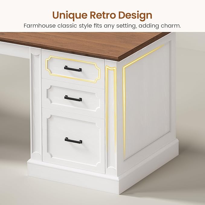 SEDETA Farmhouse 110.3" Two Person Desk with 7 Drawers, Long Computer Desk with Storage Cabinet, 2 Person Desk with Power Outlets for Home Office, White+Brown