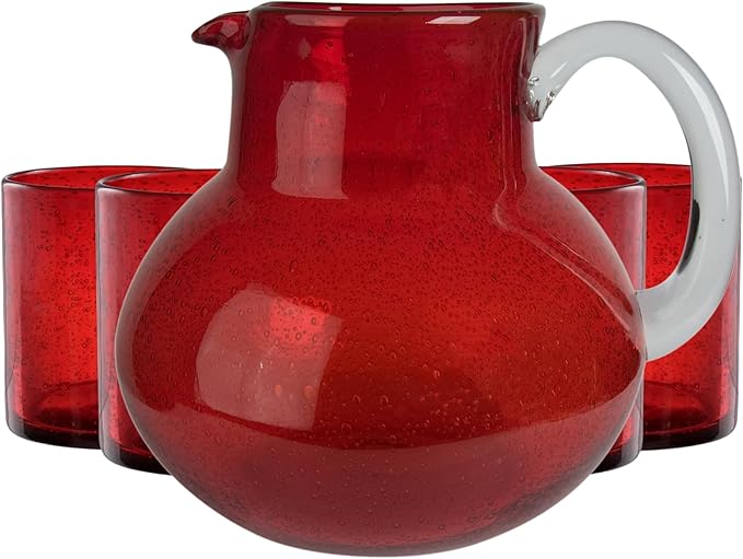 ARTLAND Iris 90oz Hand Blown Pitcher & Double Old Fashion 14oz Glasses (Set of 4) - Lead-Free Bubble Shape Glassware for Stylish Serving and Dining - Kitchen Essential & Table Decor (Ruby)