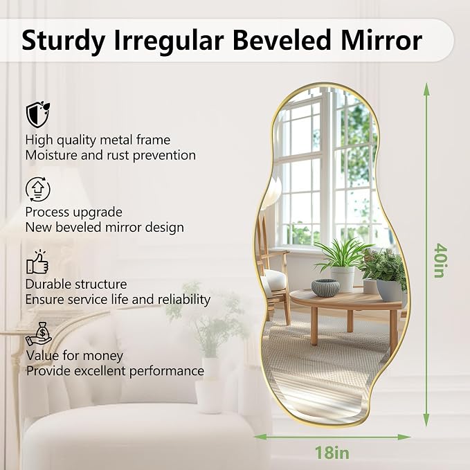 POZINO Irregular Beveled Mirror, 40"x18" Asymmetrical Vanity Wall Mirror with Gold Metal Frame, Organic Shape Mirrors for Bathroom Entryway Bedroom Hallway, Horizontal/Vertical Hanging