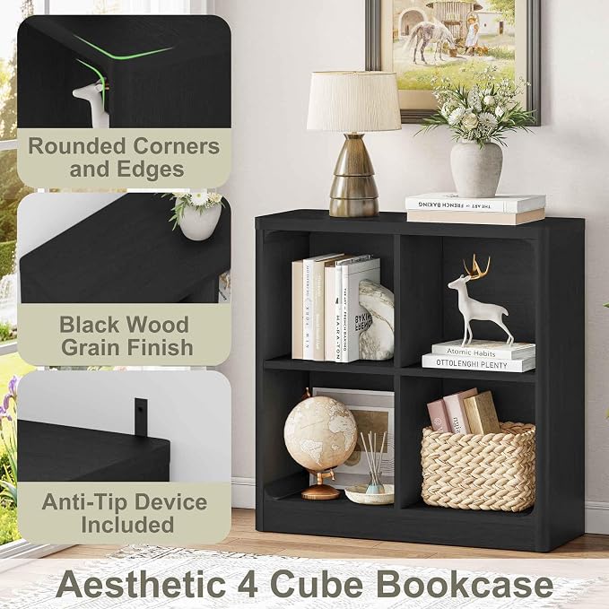 FATORRI 4 Cube Storage Bookcase, Rustic Wood Cube Bookcase Shelf Organizer, Small Storage Bookshelf for Living Room, Bedroom, Office (Black, 29.53" W)