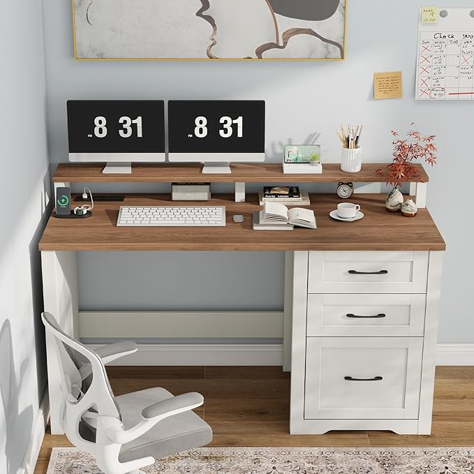 Vabches 47" Farmhouse Executive Desk with Monitor Stand & File Cabinet,3 Drawers Computer Desk with LED Lights and Power Outlets,Workstation for Home Office, Study,Writing.（Unique White）
