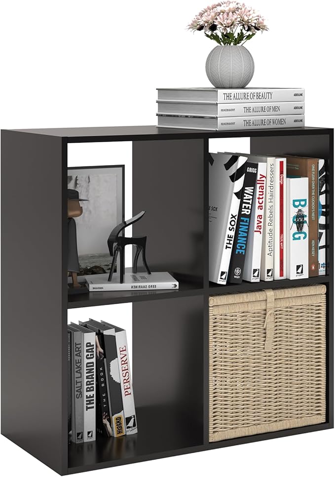 4 Cube Shelf with Anti-Tipping Kits + Reversible Open Back Bookcase, Multi Layer and Multi Grid Partition Layout (Chocolate 11in)