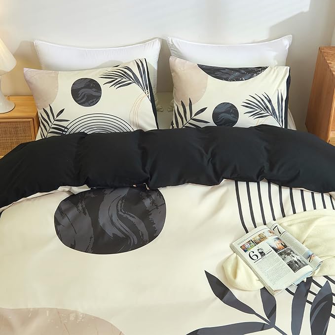 Hilioens Boho Duvet Cover King Black Mid Century Arch Sun Modern Abstract Vintage Boho Bedding Sets for All Seasons, 3 Pieces Home Bedroom Decorations Soft Microfiber