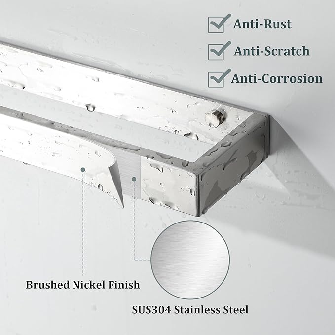 Sayayo Brushed Nickel Towel Bar for Bathroom, 12 Inch Hand Towel Holder Wall Mount, Screw or Self Adhesive Towel Ring Square SUS304 Stainless Steel, 3.2 Inch Wide