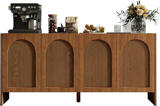 63" Sideboard Buffet Cabinet with Storage, 4 Door Solid Wood Veneer Sideboard Modern Arched Accent Cabinet with Adjustable Shelves, Large Credenza for Living Room,Kitchen,Entryway(Brown)