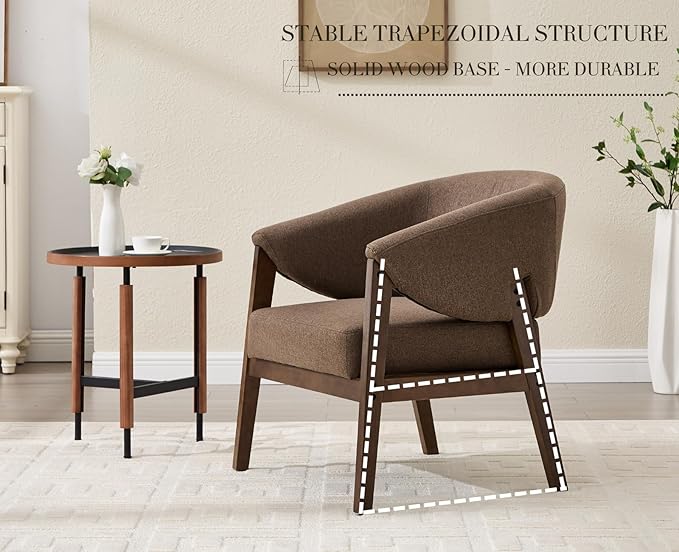 CIMOTA Mid-Century Modern Accent Chairs Set of 2, Comfy Barrel Armchairs with Wide Seat, Upholstered Lounge Chairs with Walnut Wood Legs for Living Room/Bedroom/Reading Corner, Linen Fabric, Brown