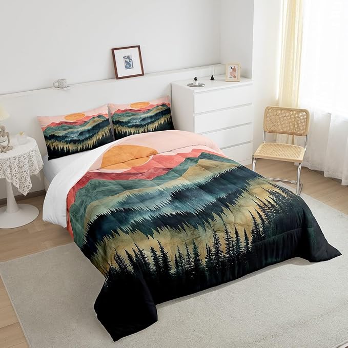 Erosebridal Sunset Mountain Forest Bedding Set Queen Nature Woodland Landscape Comforter Set for Kids Boys Aesthetic Pine Tree Scenery Down Comforter Boho Retro Foggy Plants Bed Set Bedroom Decor