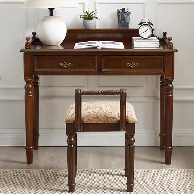 Mid-Century Home Office Desk with 2 Drawers, Storage Vanity Dressing Table with Stool, Solid Wood Wide Writing Study Desk, Computer Desks for Bedroom Living Room(Brown)