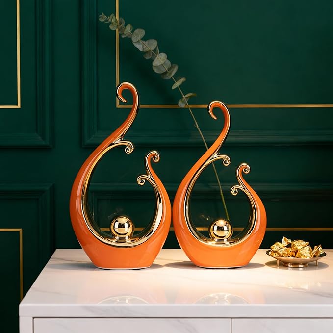 DOVDOV Orange and Gold Home Decor, Abstract Ceramic 2-Piece Sculpture Set, Modern mid-Century Art Statues, Perfect for Accent Tables, countertops, Coffee Tables, and entryway Decor.
