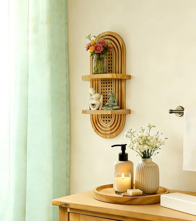 2-Tier Woven Rattan Floating Shelves, Mid-Century Modern Boho Wooden Wall Hanging Decor Plant Shelf for Living Room, Bedroom, Bathroom, Home Office, Ideal for Small Planters & Accents (Natural)