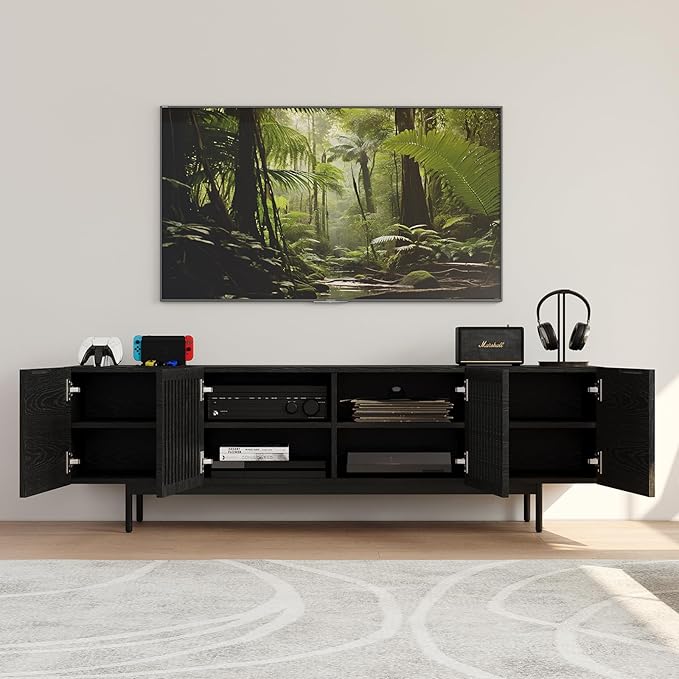 POVISON Full Assembled Mid-Century Modern TV Stand with Slatted Doors, Wood Media Console for 65-75 Inch TV, TV Console with Tall-cast Metal Legs, Entertainment Center with Storage for Living Room