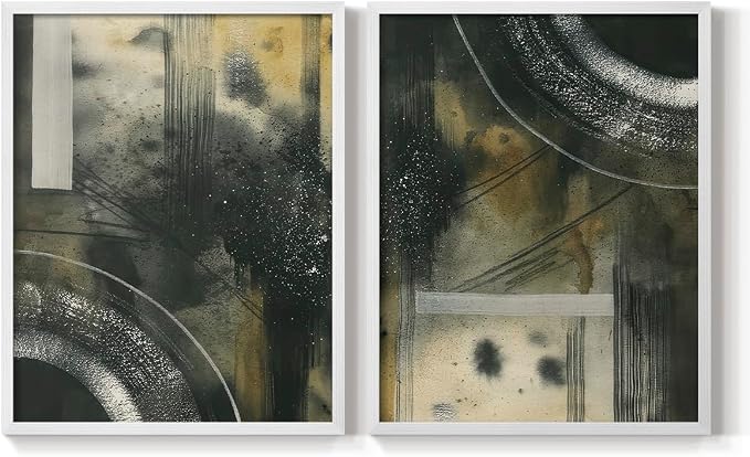 Renditions Gallery Set of 2 Peel & Stick Framed Prints, Moody Abstract Wall Art, Circular and Splattered Effects Wall Decor, Re-Stickable - Ready to Hang - 11"x14" - White Frame LT588