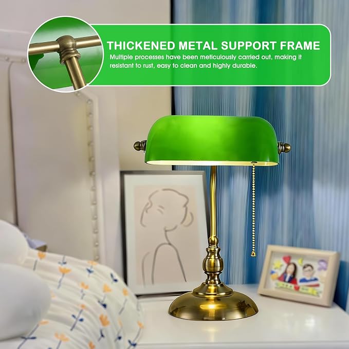 Classic Banker's Desk Lamp, Green Glass Shade, Antique Brass Base, Pull Cord Switch, Vintage Style