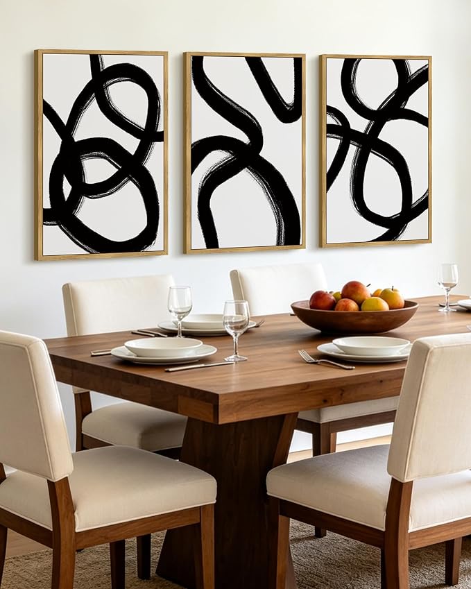 KUVIOKE Black and White Abstract Framed Wall Art Ink Wash Minimalist Lines Painting Artwork for Bedroom Hallway 24x36in (Natural Framed)