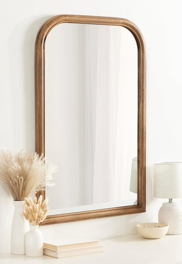 Kate and Laurel Glenby Transitional Arch Wall Mirror; 24 x 36; Rustic Brown; Wooden Farmhouse Arched Bathroom Mirror with Rounded and Stepped Frame Profile