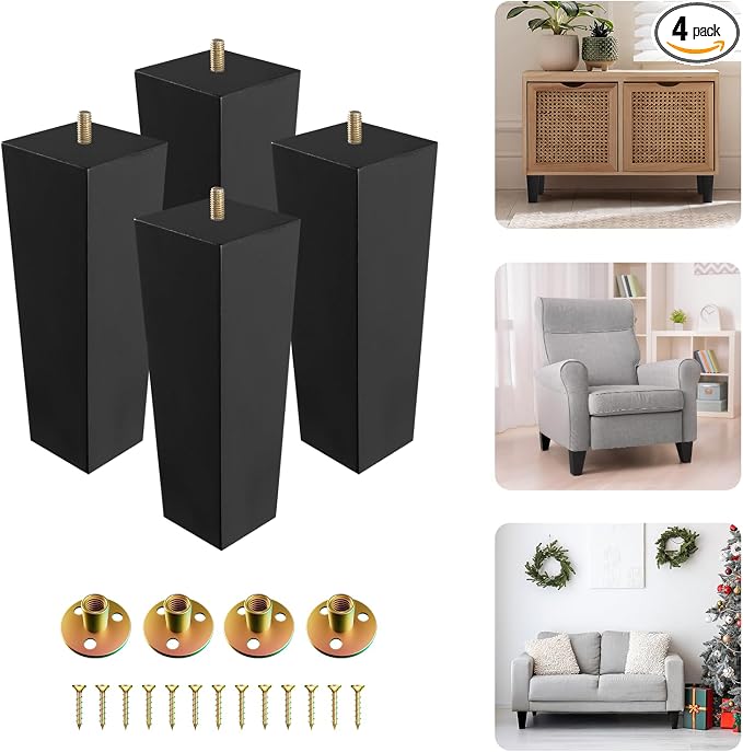 Yes4All 8 Inches Square Black Solid Wood Furniture Legs Set of 4, Heavy Duty 800 Lbs Capacity Furniture Legs with Leveler, Replacement Legs for Furniture, Couch, Sofa, Dresser, Ottoman