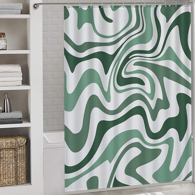 Hippie Shower Curtain, 70s Retro Colorful Green Pastel Wave Hippie Abstract Swirl Aesthetic Boho Funky Trippy Waterproof Fabric Bath Shower Curtain Set with Hooks, 72"x84" Inch