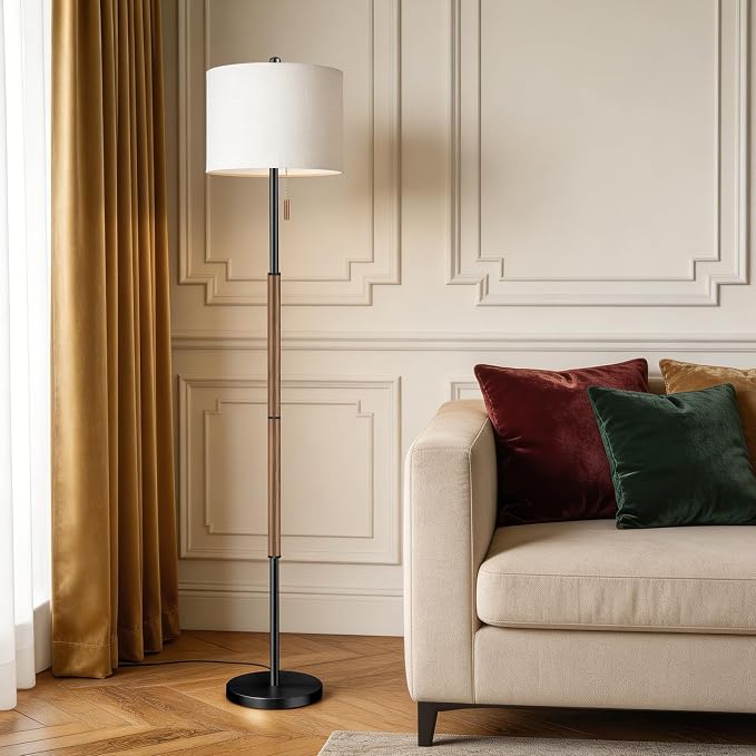 62" Mid Century Modern Floor Lamp, Black-Brown Standing Lamp with 3-Color Temperature & Pull Chain, Weighted Anti-Tip Base for Safety, Floor Lamps for Living Room Bedroom Corner (6500K Bulb Included)