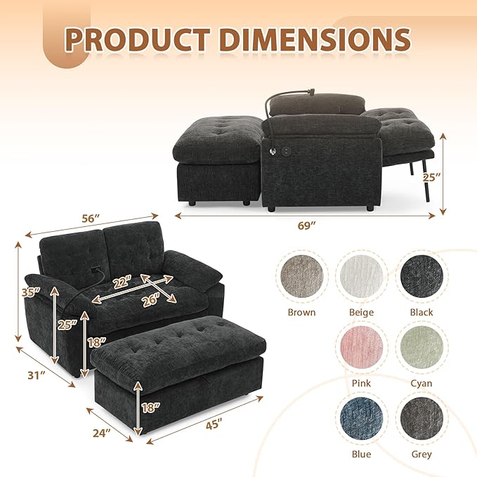 Oversized Chaise Lounge Chair Indoor, Double Convertible Recliner Reading Arm Sofa Chair W/Adjustable Backrest & Charging Port Couch Bed for Living Room, Home Theater & Bedroom, Black