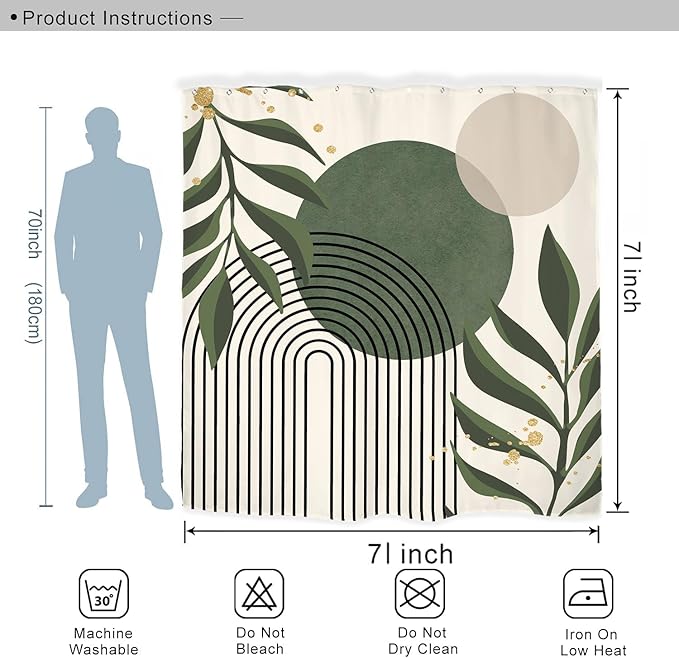 Miyotaa Abstract Sage Green Shower Curtain Set 71Wx71H Inches Minimalist Plant Aesthetic Modern Neutral Leaves Mid Century Waterproof Bathroom Curtain with 12 Hooks