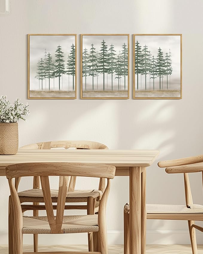 KUVIOKE Green Foggy Misty Pine Tree Framed Canvas Wall Art Watercolor Nature Abstract Forest Wall Decor Rustic Minimalist Painting for Bedroom Dining Room 12x16in (Natural Framed)