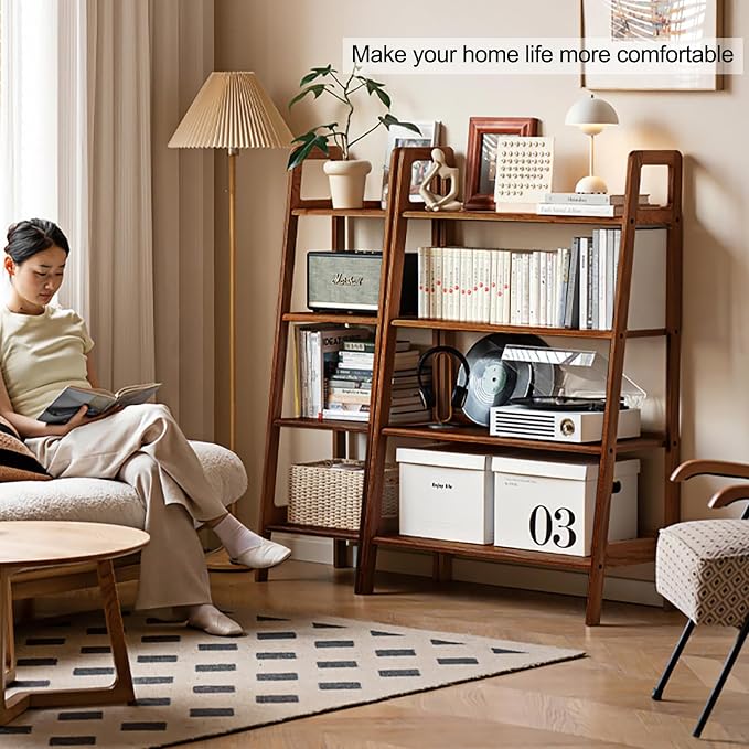100% Solid Oak 4 Tier Ladder Shelf for Saving Space, Small Bookshelf with Stable Frame, Free Standing Ladder Shelves for Living Room Bedroom Couch(Walnut,17.32" D x 16.53" W x 53.54" H)
