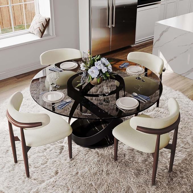 POVISON 51" Modern Round Dining Table, Glass Round Kitchen Table for 4, Tempered Glass Dining Room Table top with Black X Carbon Steel Base (Dining Table Only)