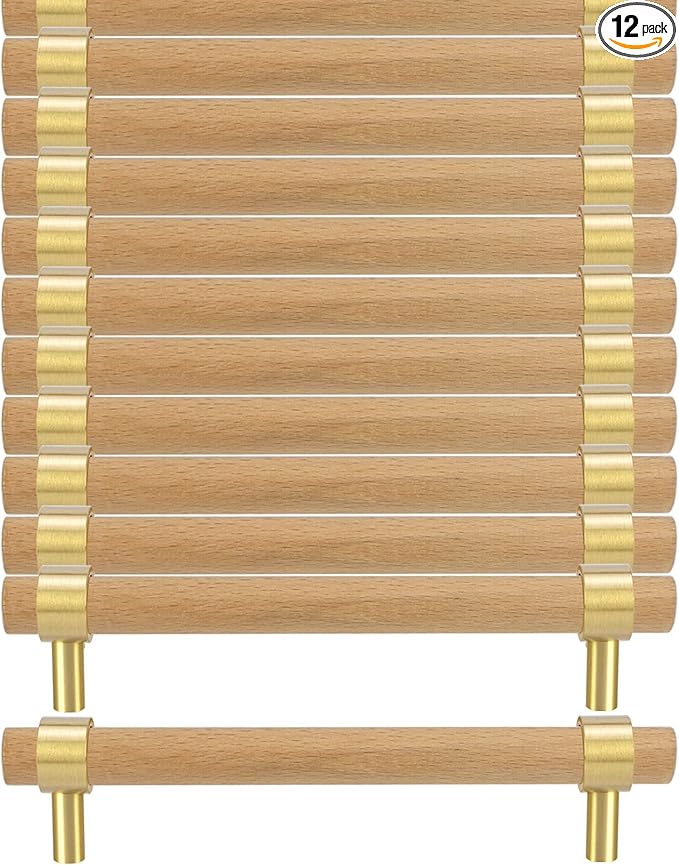 Natural Wood Kitchen Cabinet Handles 3~5 Inch 12Set Center to Center Adjustable Double Hole Euro Scandi-Modern Dresser Knob, Unfinished DIY Drawer Pull, Brushed Brass Base