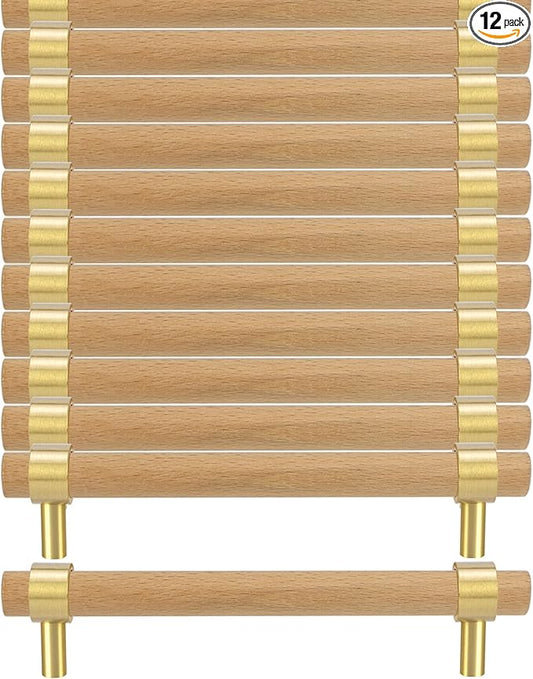 Natural Wood Kitchen Cabinet Handles 3~5 Inch 12Set Center to Center Adjustable Double Hole Euro Scandi-Modern Dresser Knob, Unfinished DIY Drawer Pull, Brushed Brass Base